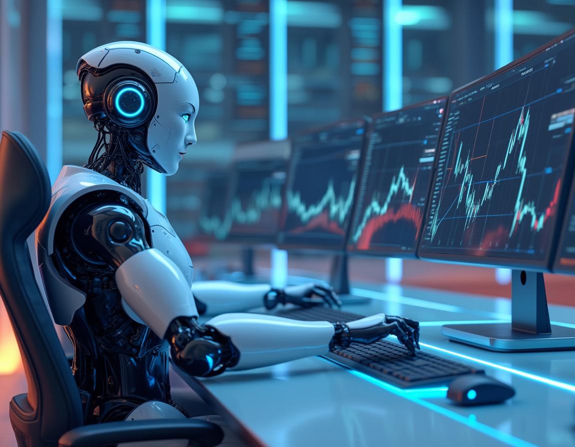 A hyper-realistic AI trading bot analyzes market data at a high-tech workstation, displaying charts.