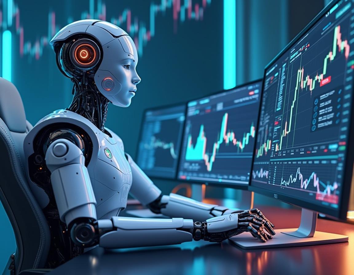 A humanoid AI trading bot at a high-tech workstation, analyzing data across multiple market screens.