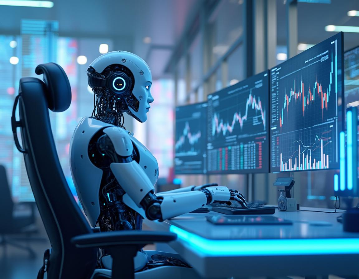 A sleek AI trading bot at a high-tech workstation analyzes market data on multiple screens.