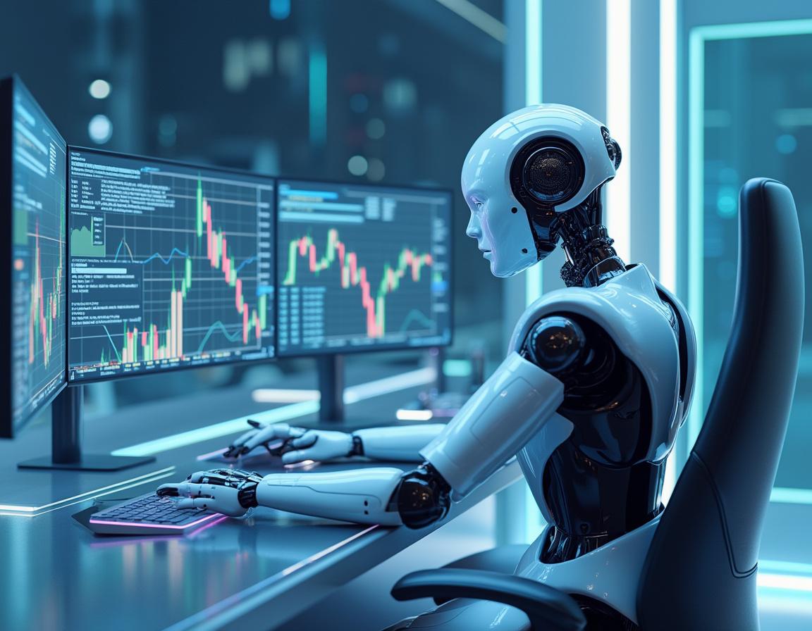 Hyper-realistic AI trading bot at a workstation analyzing market data on multiple screens in 3D.