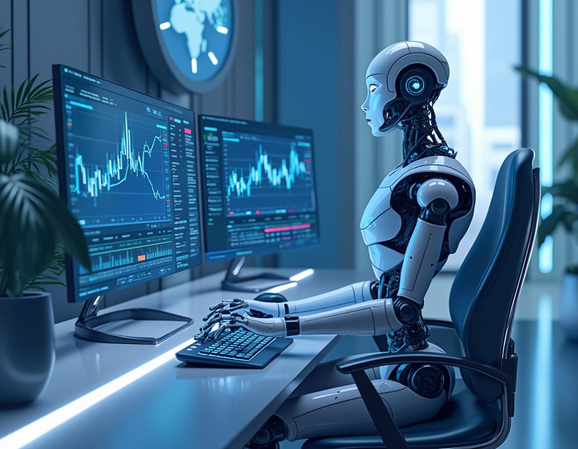 A hyper-realistic AI trading bot at a high-tech workstation analyzing crypto and stock market data.