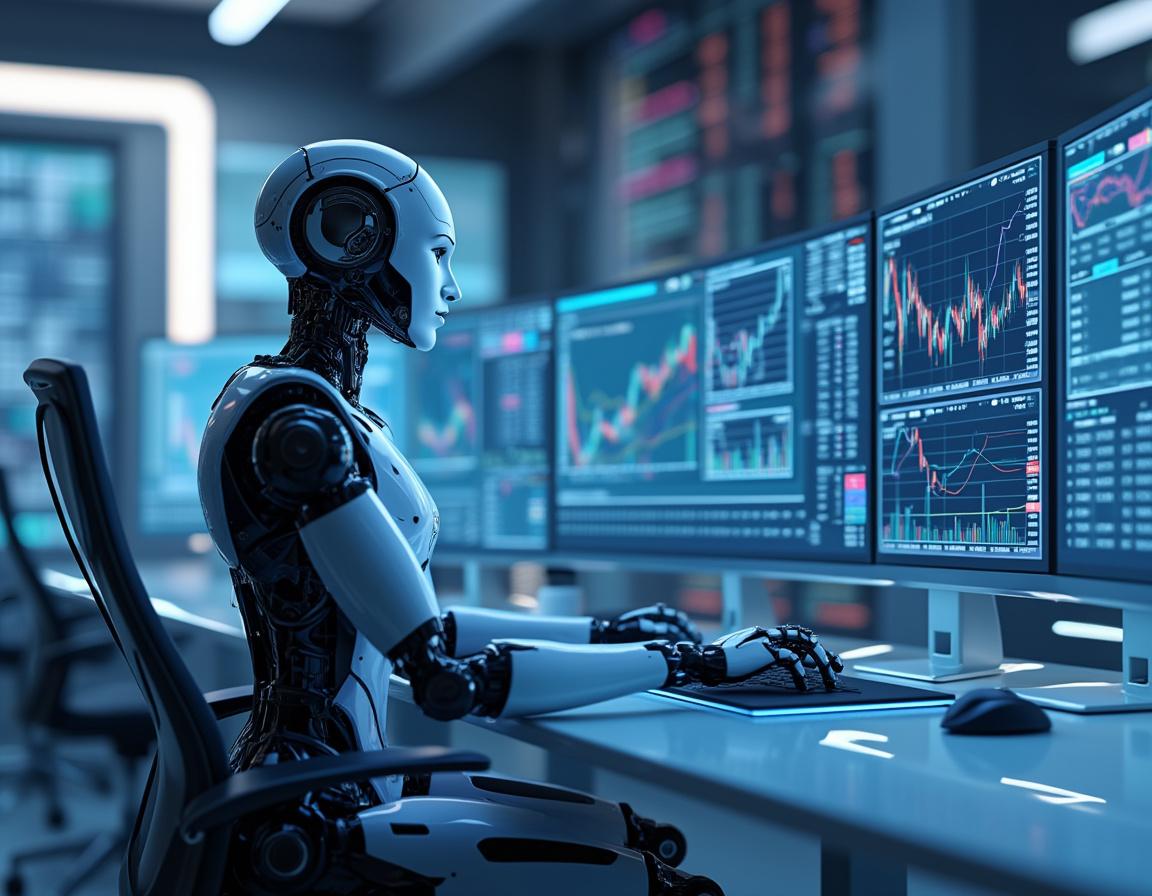 A hyper-realistic AI trading bot in a modern workspace, analyzing market data on multiple screens.