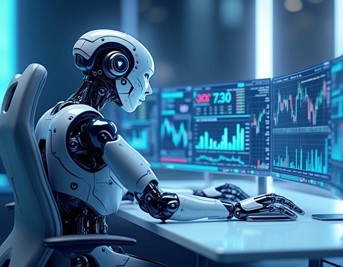 A humanoid AI trading bot analyzes data on multiple screens in a futuristic trading environment.