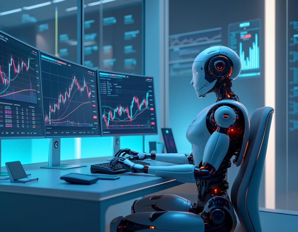 A hyper-realistic AI trading bot at a workstation analyzing market data across multiple screens.