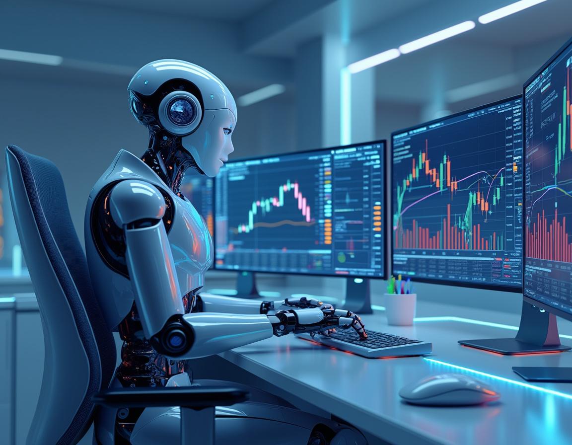 A hyper-realistic AI trading bot in a futuristic setting, analyzing data on multiple screens.