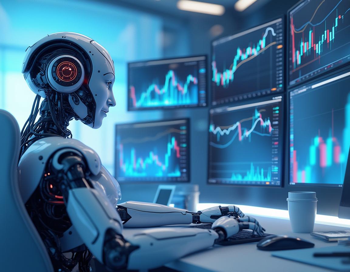 A hyper-realistic AI trading bot analyzes market data at a sleek workstation surrounded by screens.