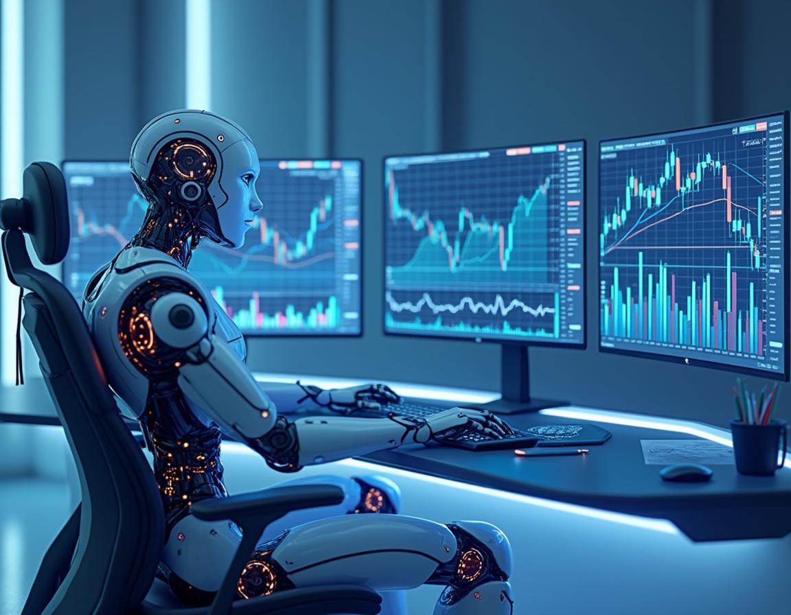 Hyper-realistic AI trading bot at workstation analyzing crypto and stock data on multiple screens.