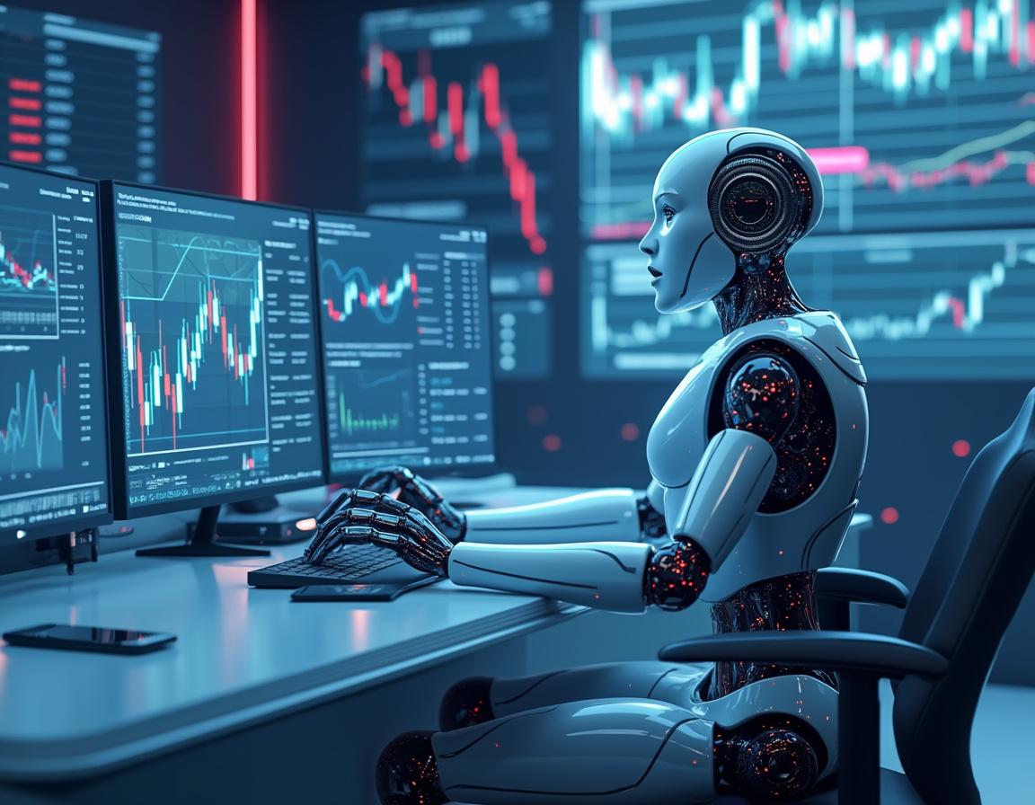 A hyper-realistic AI trading bot at a futuristic workstation analyzing data across multiple screens.