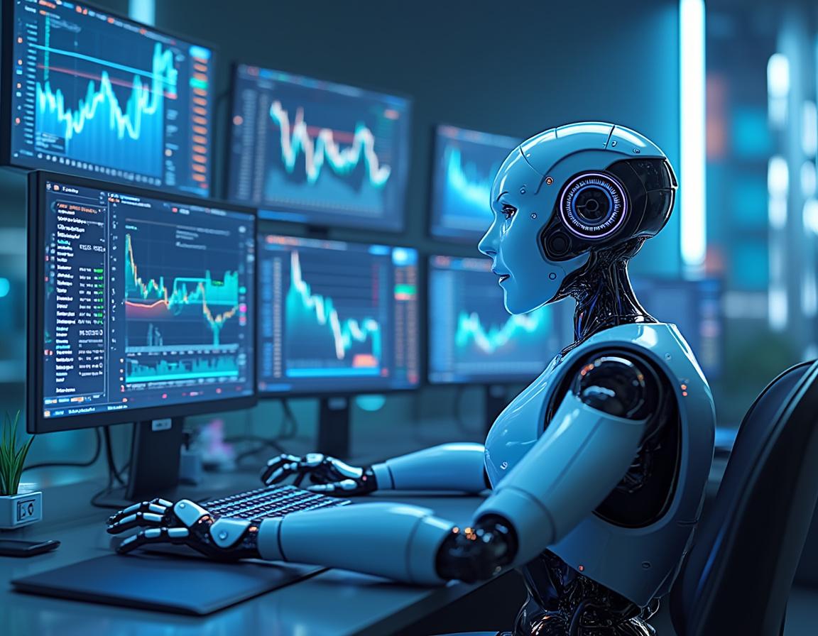 A humanoid AI trading bot analyzes market data at a high-tech workstation, surrounded by screens.