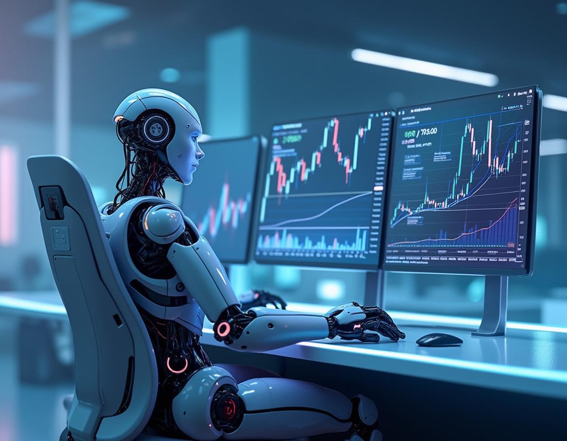 A hyper-realistic AI trading bot analyzes market data in a futuristic financial environment.