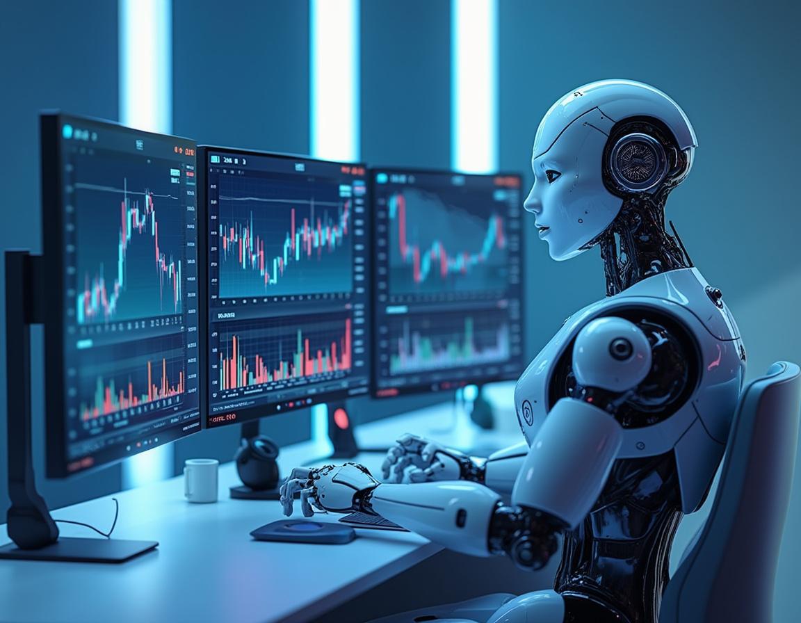 A humanoid AI trading bot analyzes market data at a high-tech workstation with multiple screens.