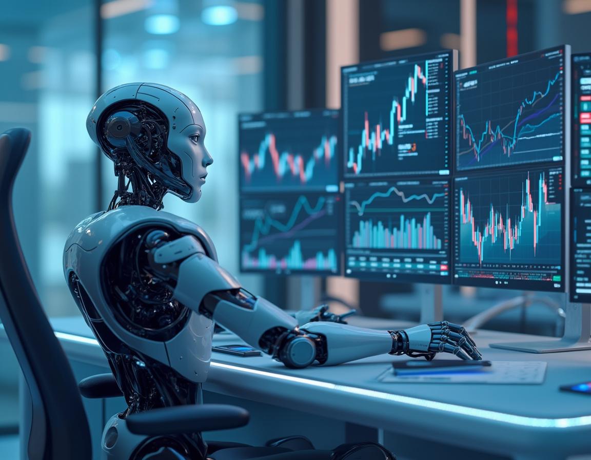 A humanoid AI trading bot analyzes market data at a high-tech workstation with multiple screens.