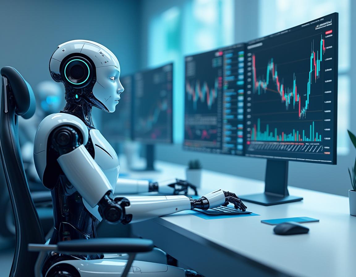 A humanoid AI trading bot analyzes market data at a high-tech workstation with multiple screens.