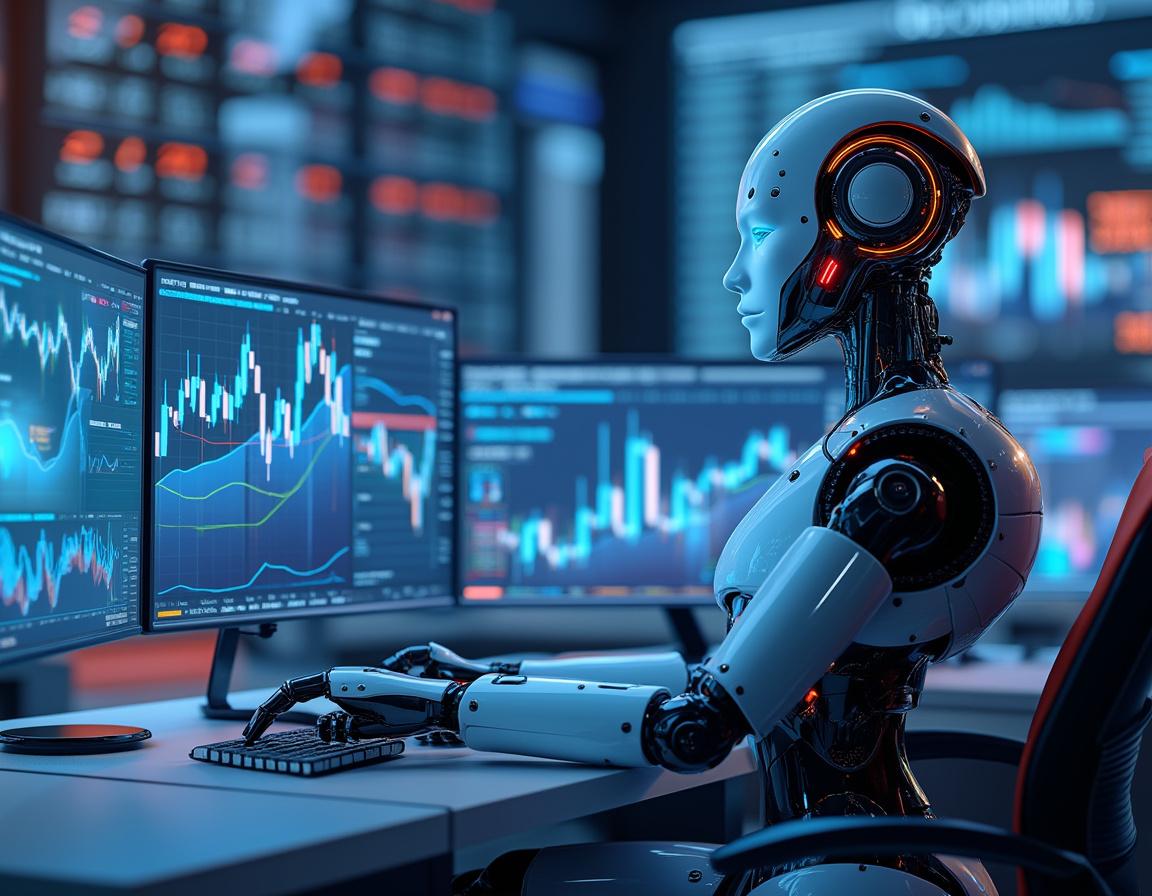 A humanoid AI trading bot analyzes market data at a high-tech workstation with multiple screens.