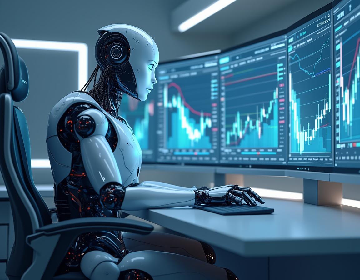 A hyper-realistic AI trading bot at a workstation, analyzing market data on multiple screens.