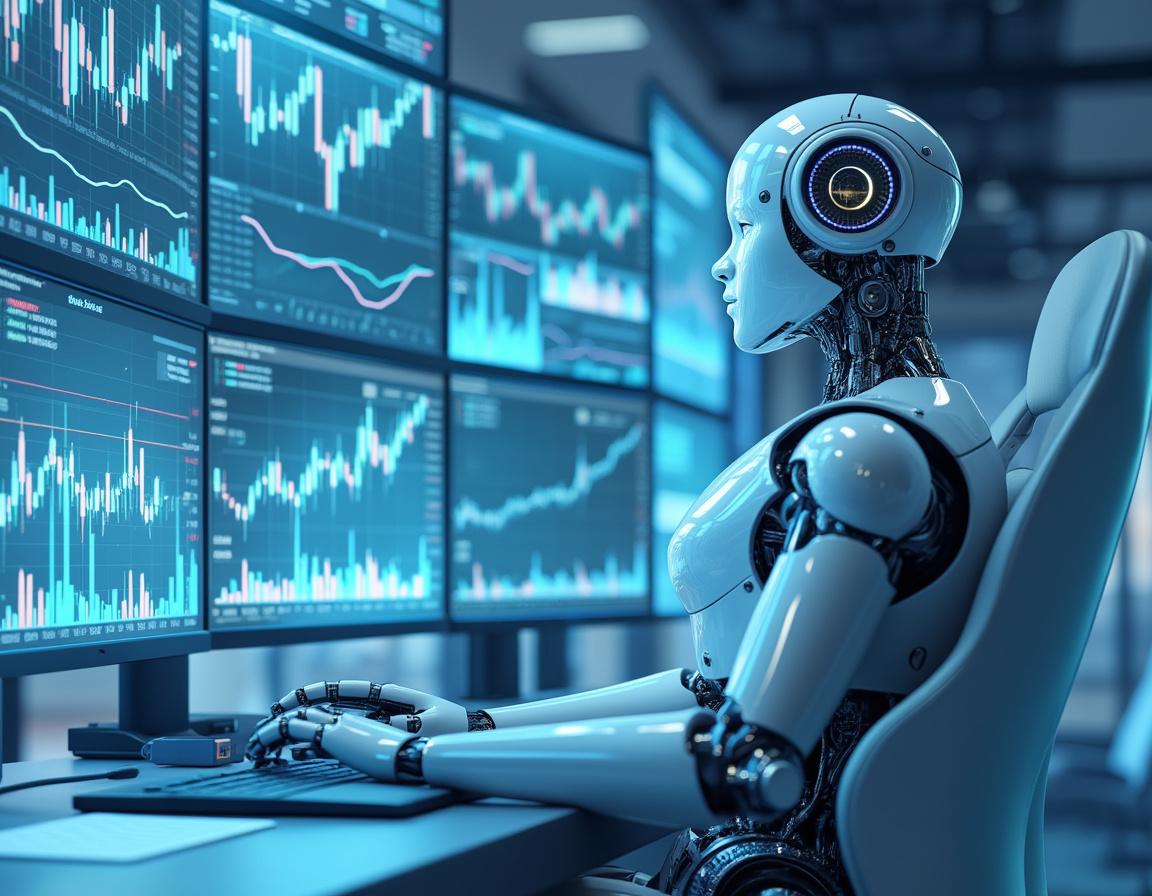 A hyper-realistic AI trading bot in a futuristic setting, analyzing multiple screens of market data.