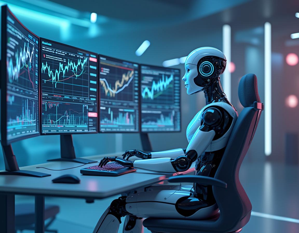 A humanoid AI trading bot at a workstation analyzing crypto market data on multiple screens.