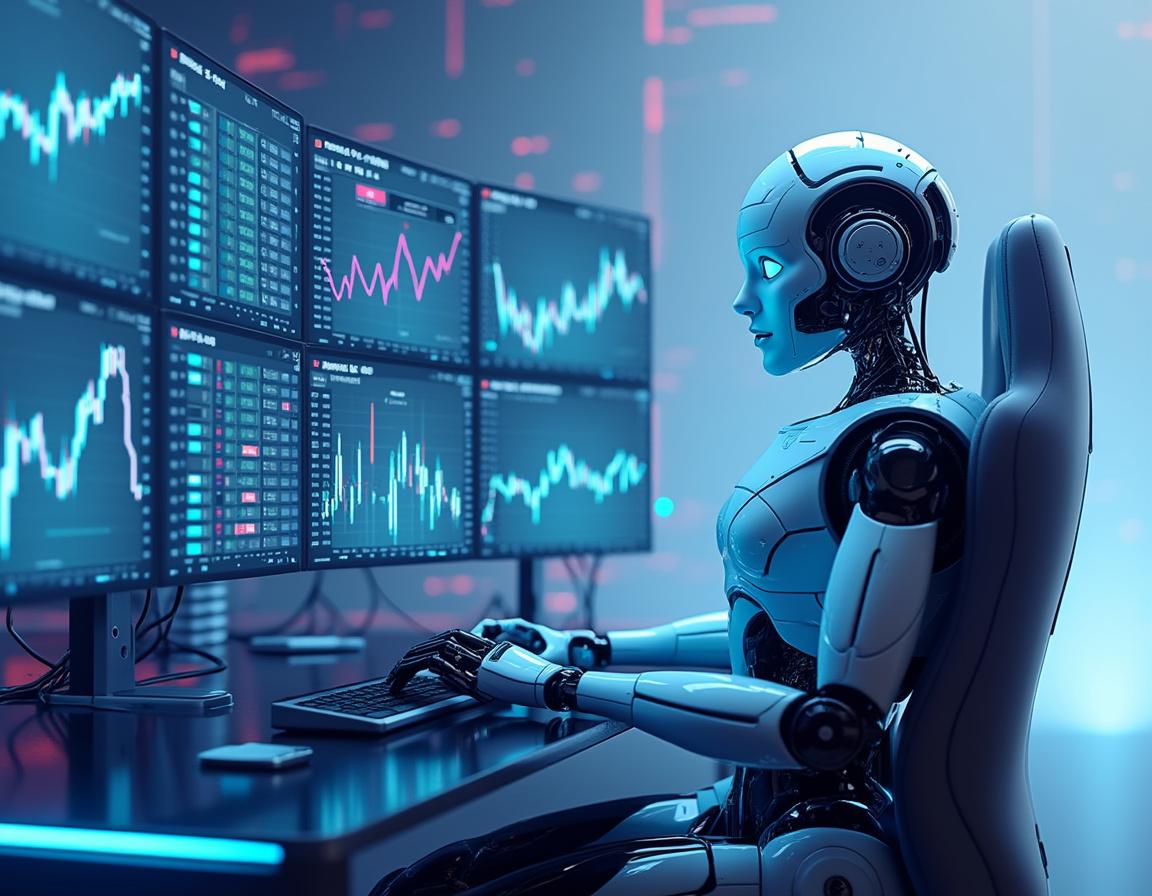 A humanoid AI trading bot at a high-tech workstation analyzing market data on multiple screens.