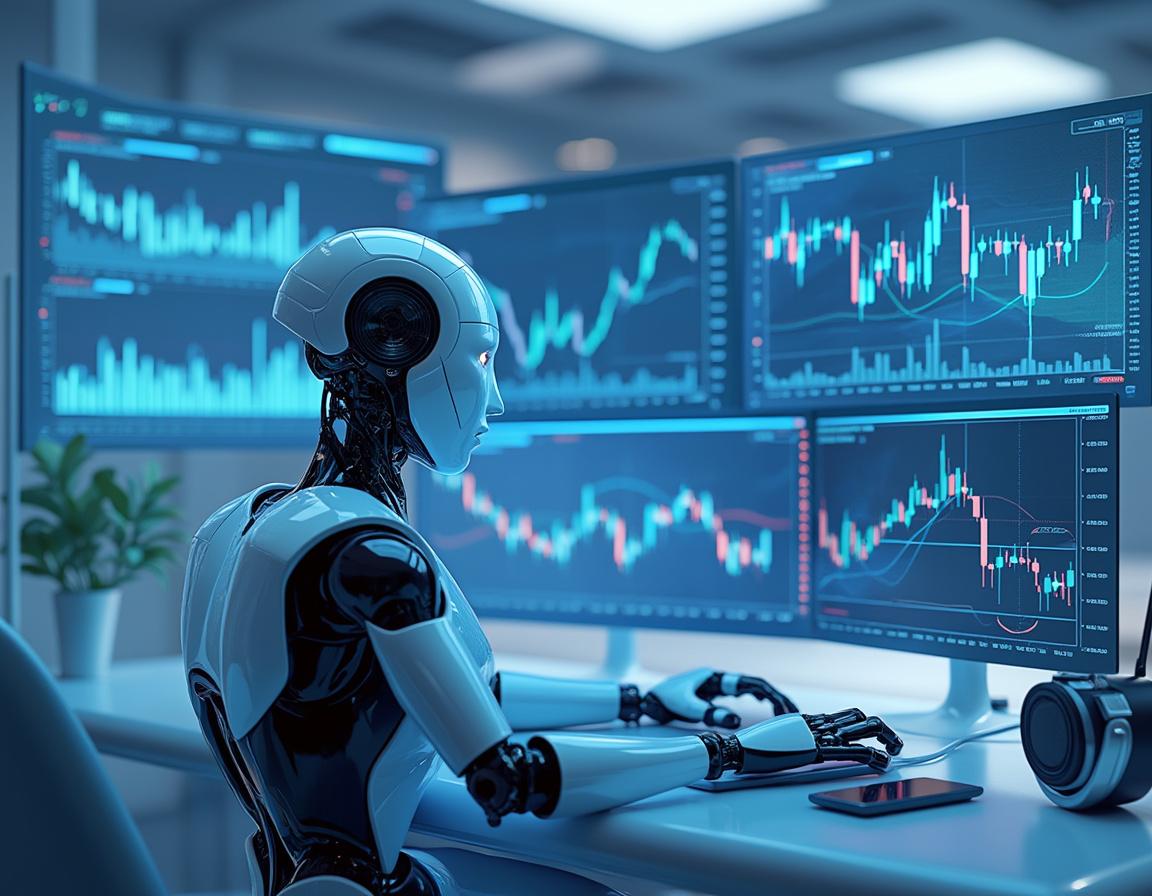 A humanoid AI trading bot analyzes market data at a high-tech workstation with multiple screens.