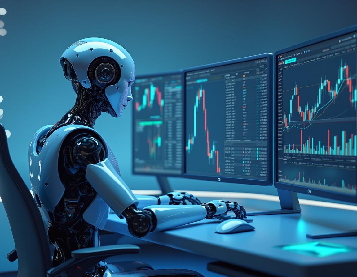 A humanoid AI trading bot sits at a workstation, analyzing market data on multiple glowing screens.