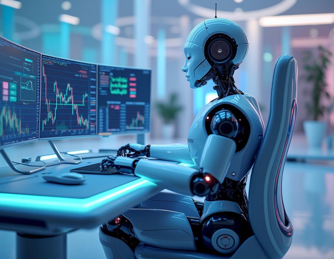 A hyper-realistic AI trading bot in a 3D futuristic workspace analyzing stock and crypto markets.