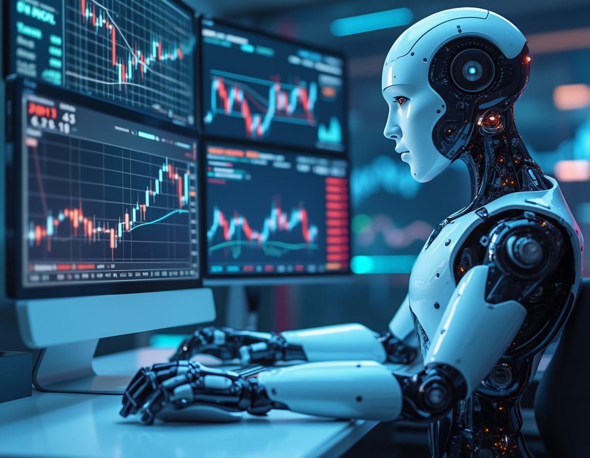 A hyper-realistic AI trading bot analyzes stock and crypto data in a high-tech trading environment.