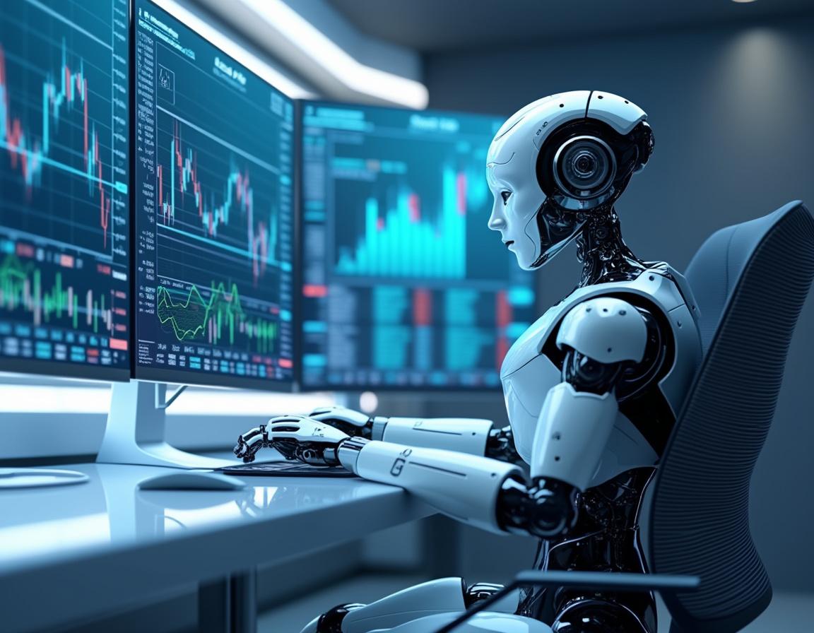 A humanoid AI trading bot analyzes market data at a futuristic workstation with glowing screens.