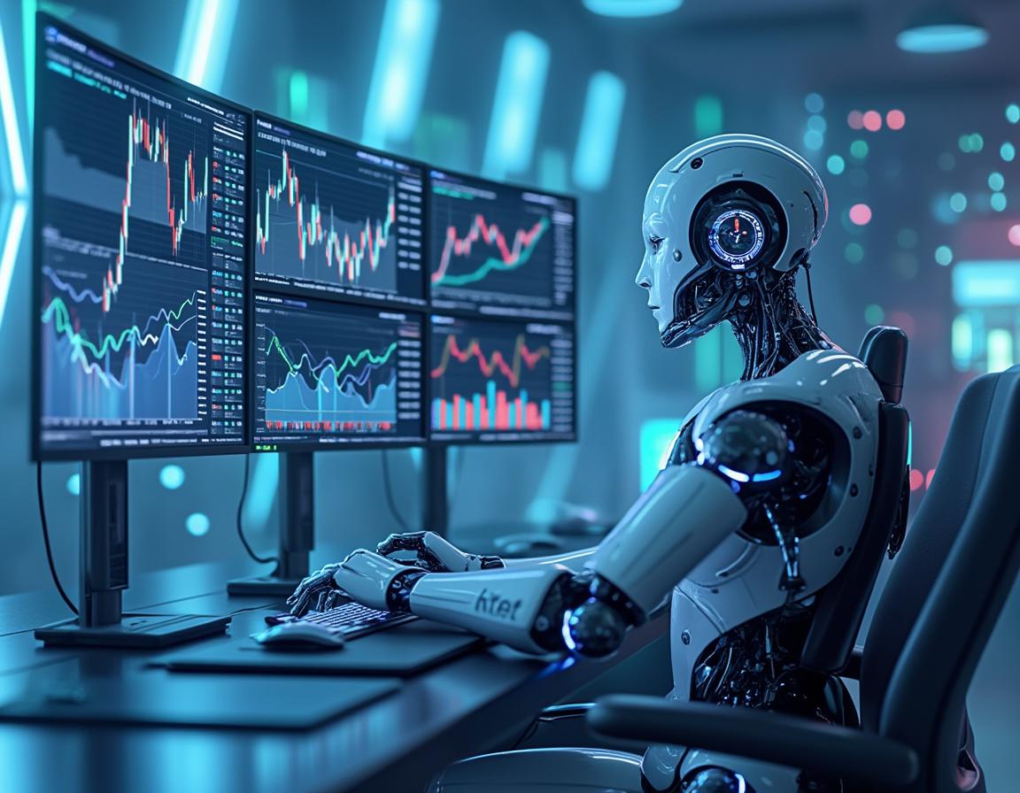 A humanoid AI trading bot at a futuristic workstation analyzing market data on multiple screens.