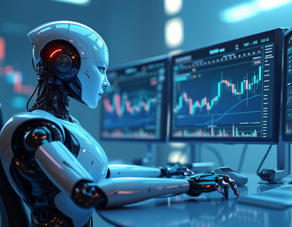 A sleek humanoid AI trading bot at a high-tech workstation analyzing market data on multiple screens with blue-white gradient background.