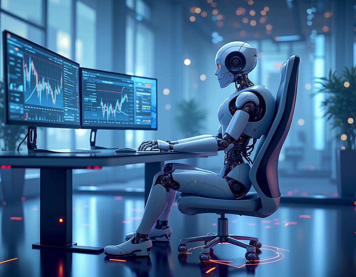 A hyper-realistic AI trading bot analyzes market data at a sleek workstation with multiple screens.