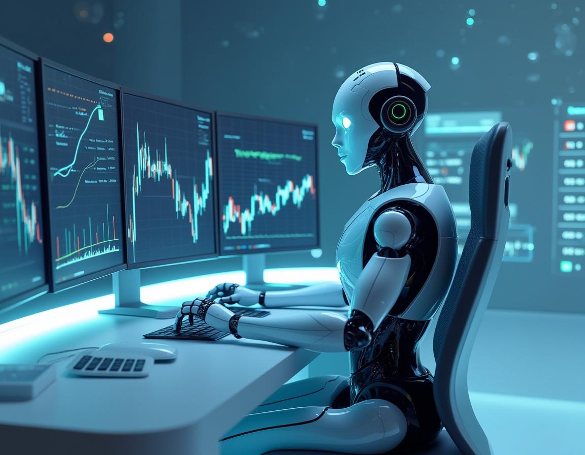A hyper-realistic AI trading bot analyzes market data at a sleek workstation with multiple screens.