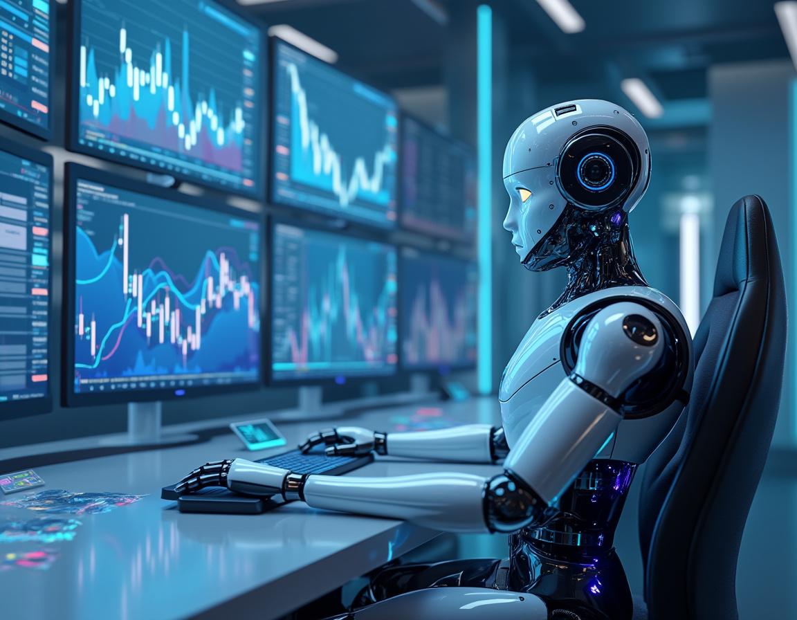 A humanoid AI trading bot at a high-tech workstation, analyzing market data on multiple screens.