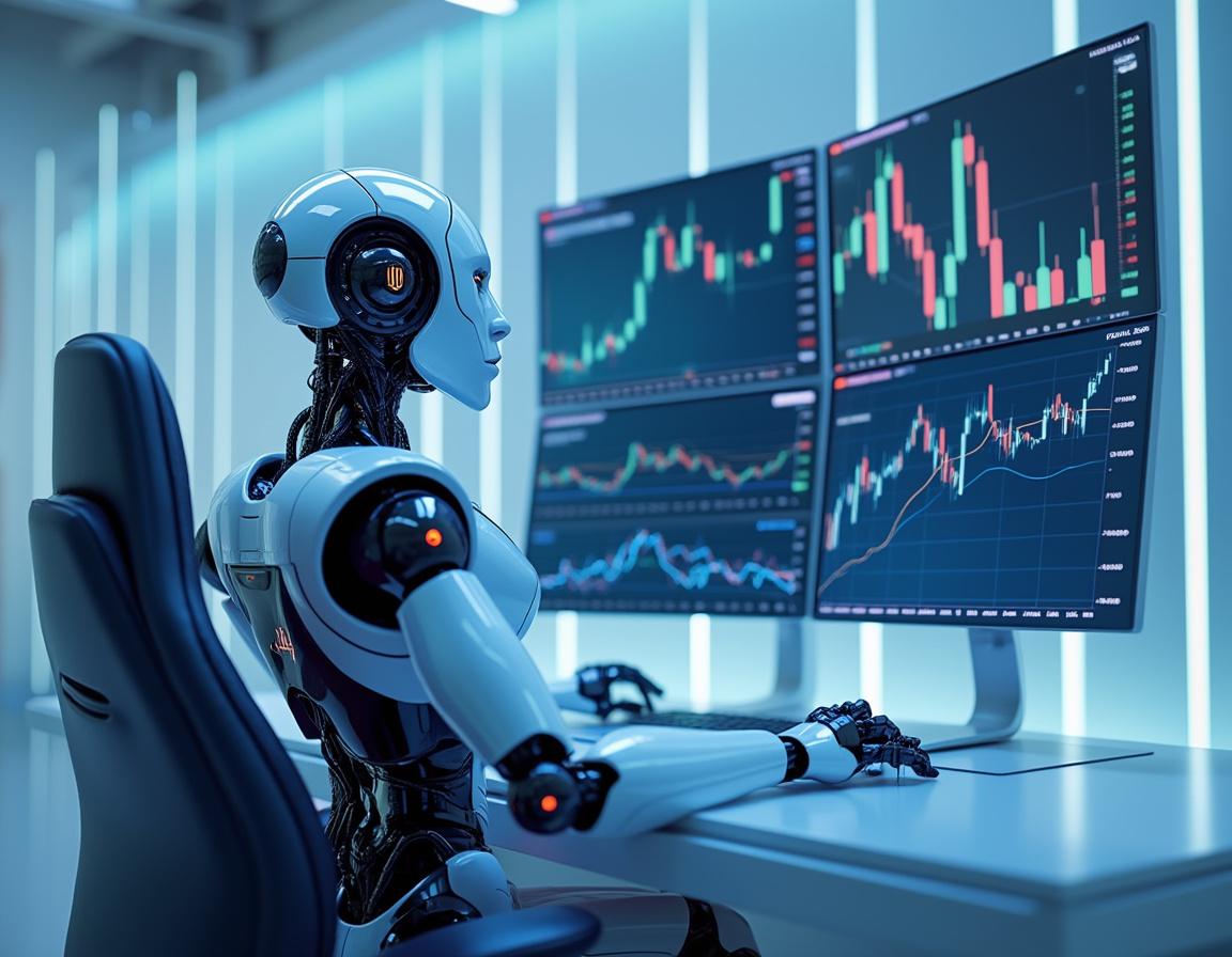 A hyper-realistic AI trading bot analyzes market data on multiple screens in a futuristic setting.