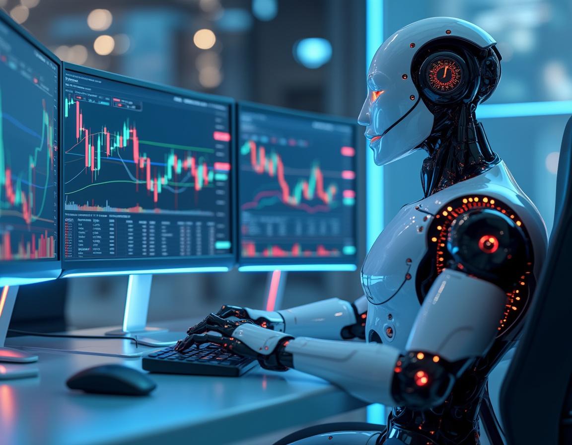 A humanoid AI trading bot at a high-tech workstation analyzing market data on multiple glowing screens.