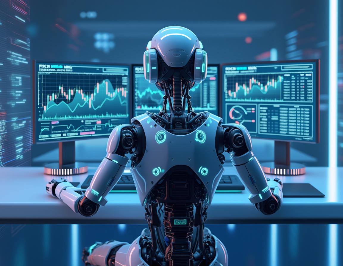 A hyper-realistic AI trading bot analyzes market data at a sleek workstation with multiple screens.