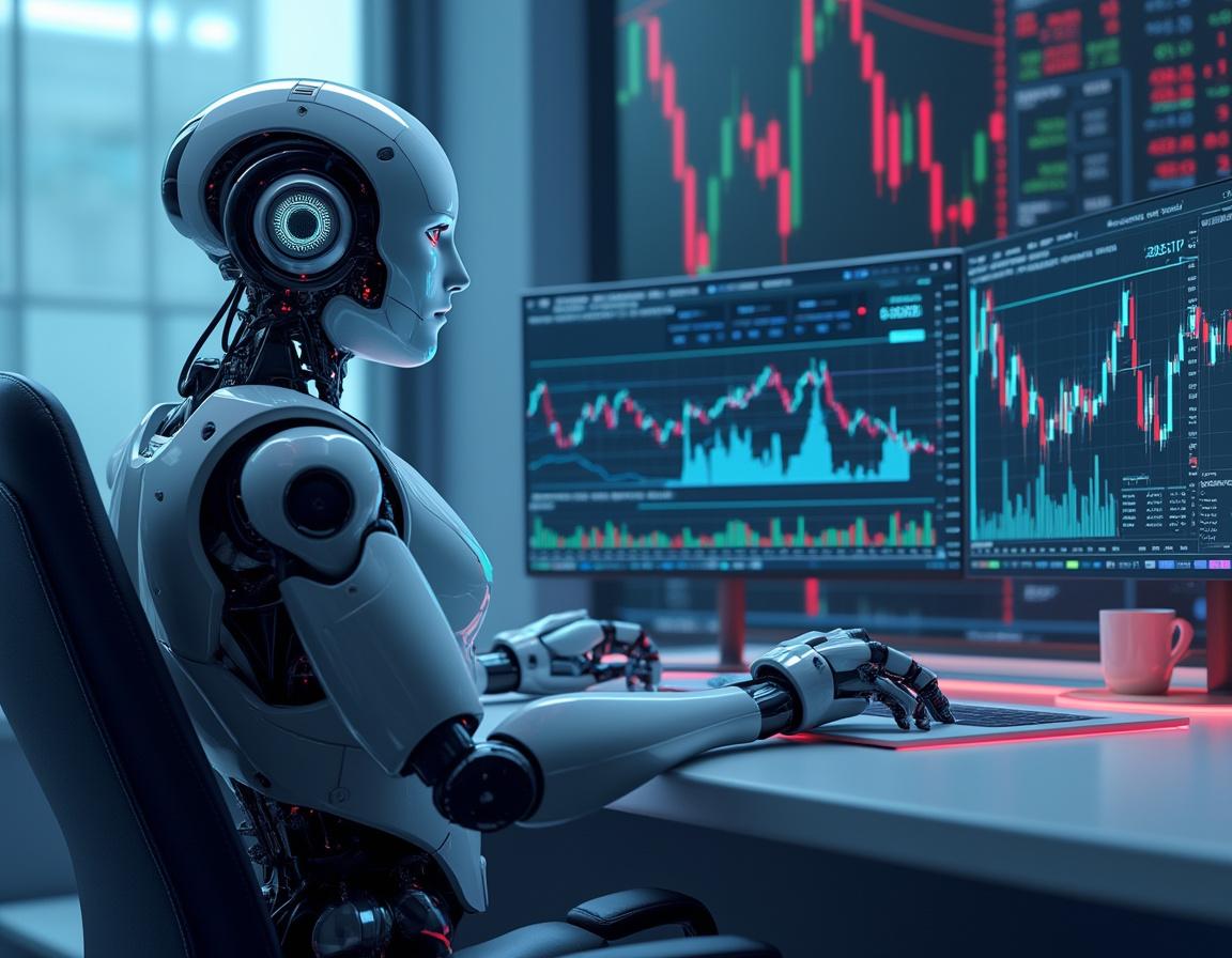 A hyper-realistic AI trading bot at a high-tech workstation, analyzing crypto and stock market data.