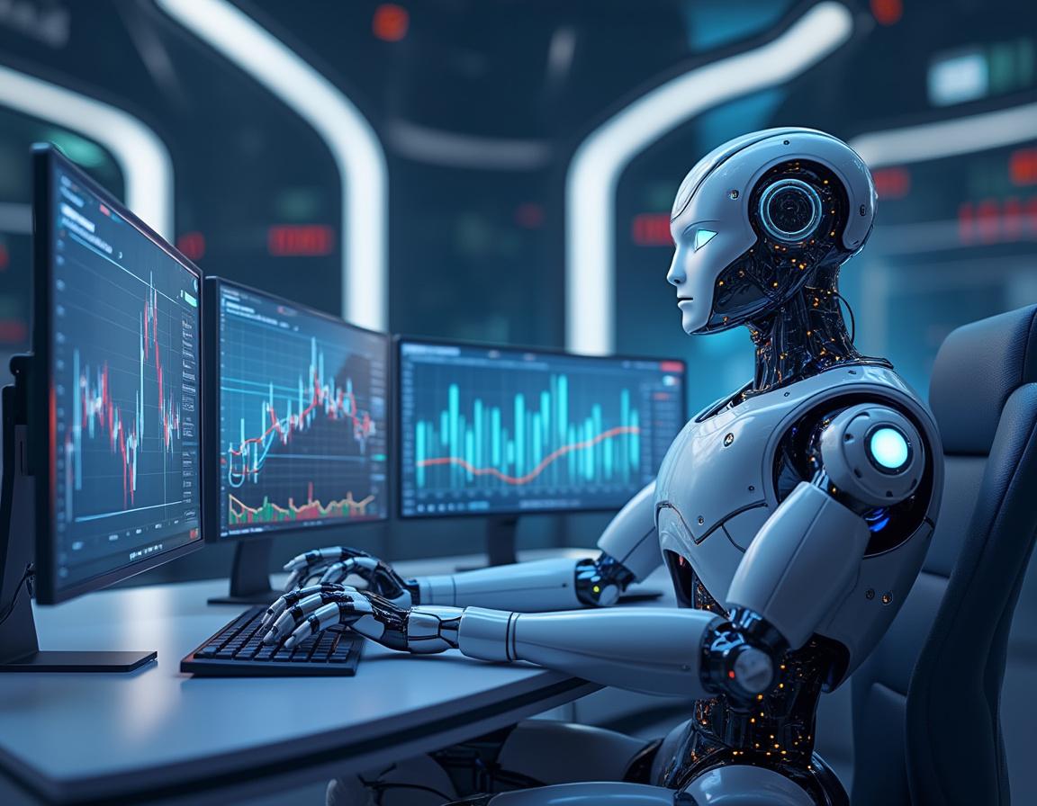 A hyper-realistic AI trading bot at a high-tech workstation analyzing market data on multiple screens.
