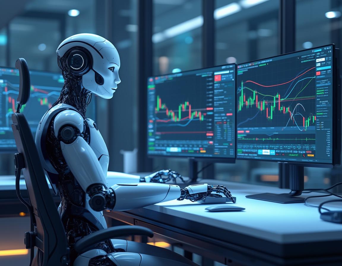 A humanoid AI trading bot at a high-tech workstation analyzing market data on multiple screens.