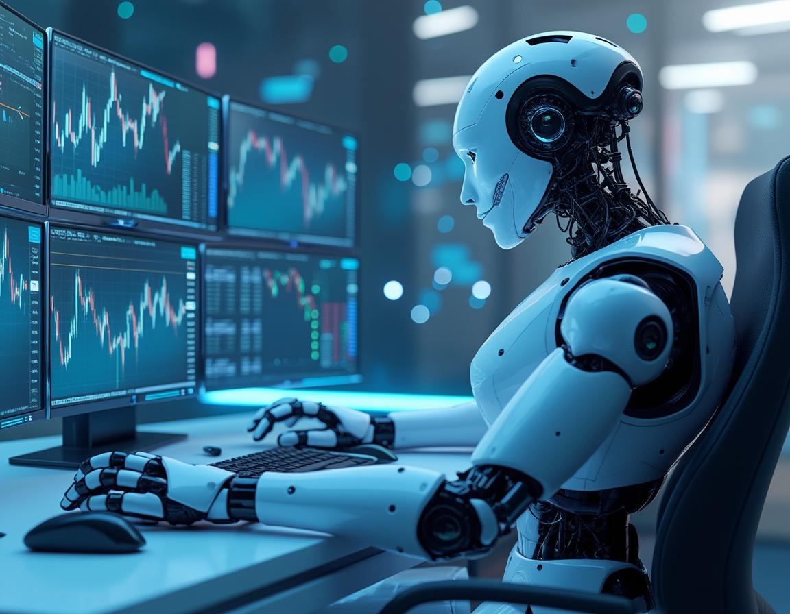 A humanoid AI trading bot analyses market data at a high-tech workstation with glowing screens.