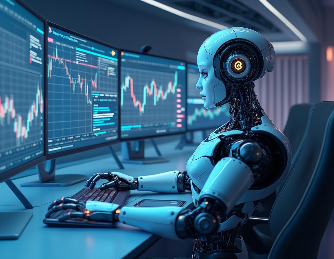 A hyper-realistic AI trading bot operates multiple screens, analyzing stock and crypto market data.