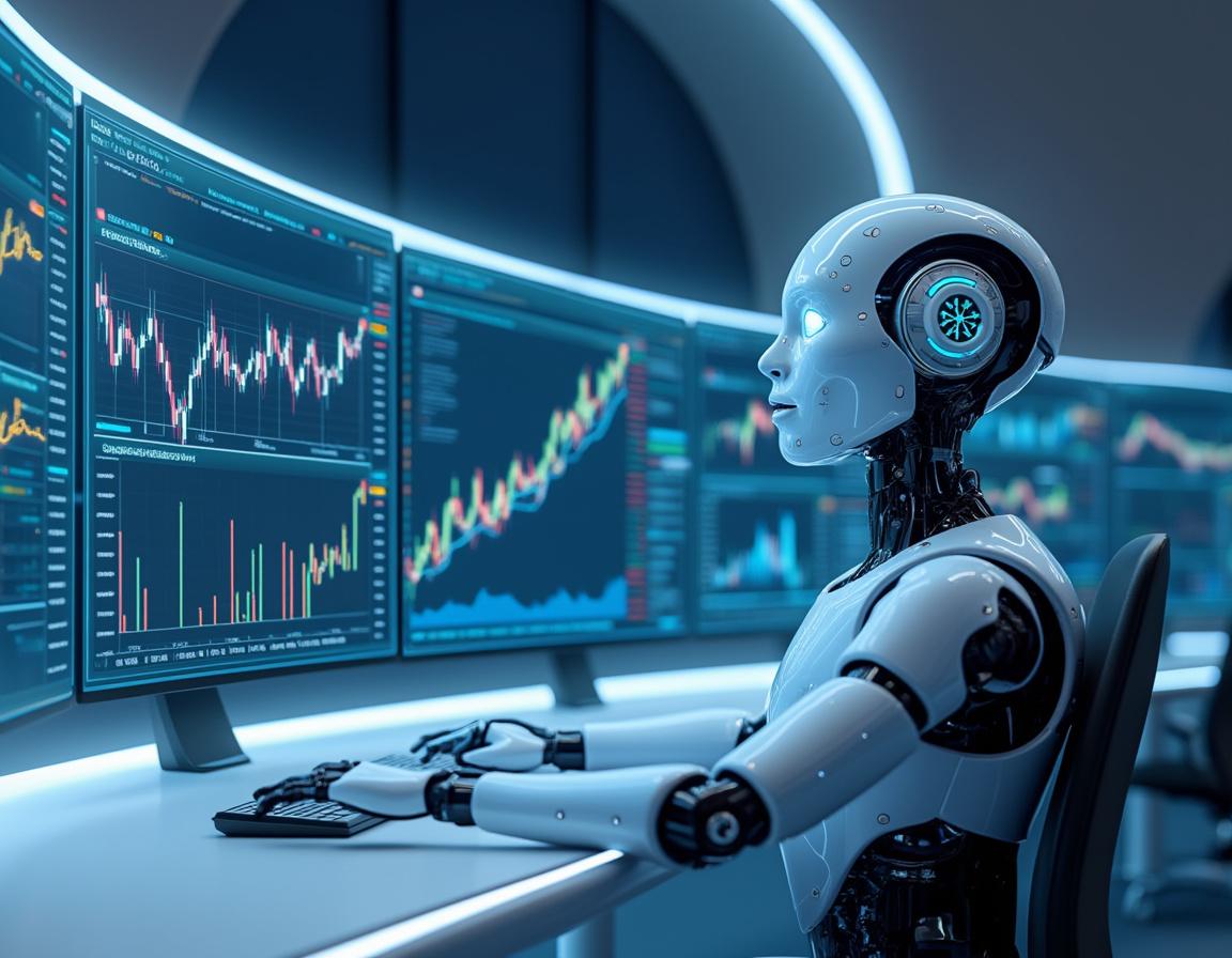 A hyper-realistic AI trading bot in a futuristic setting analyzing market data on multiple screens.