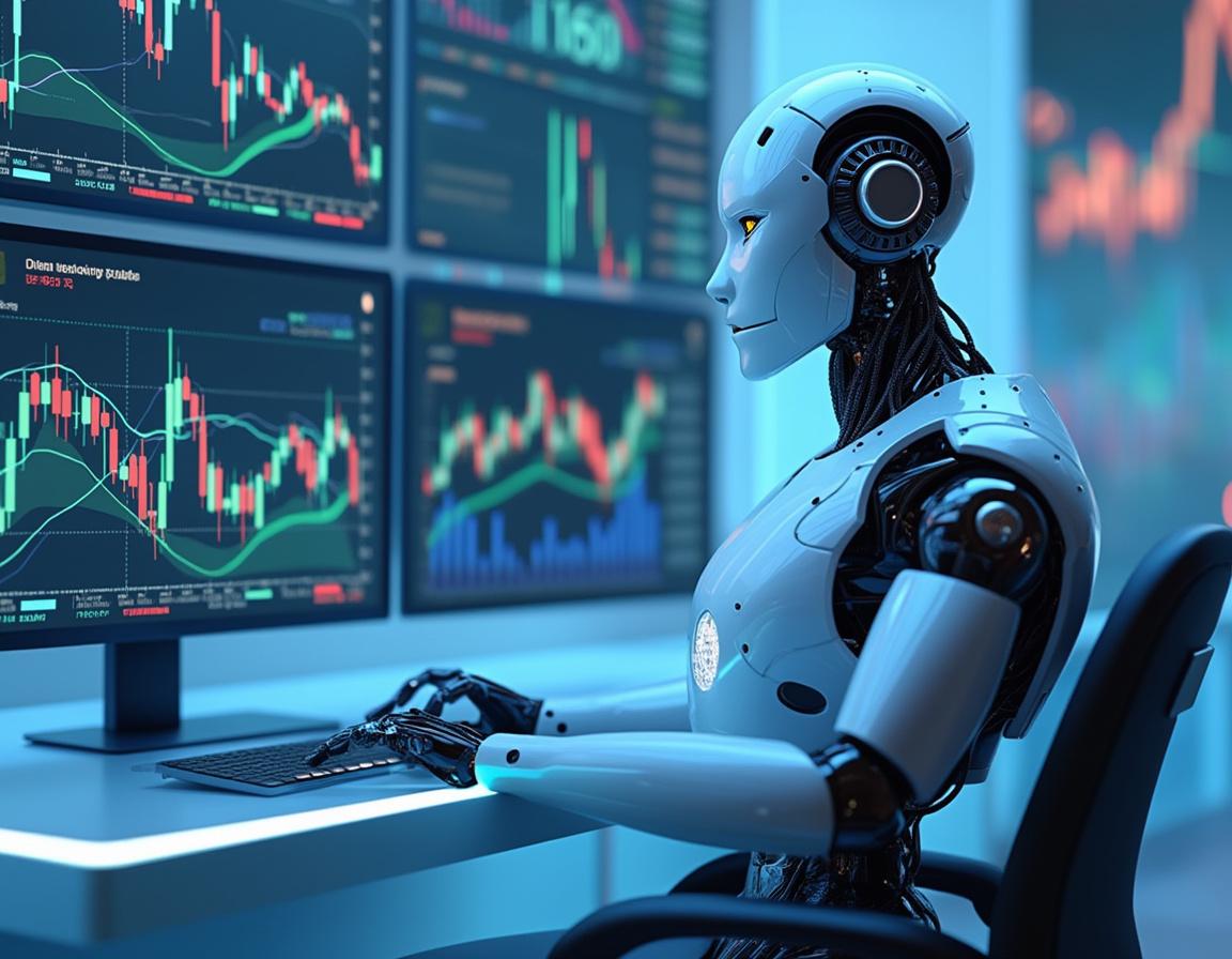 A hyper-realistic AI trading bot seated at a workstation, analyzing market data on multiple screens.