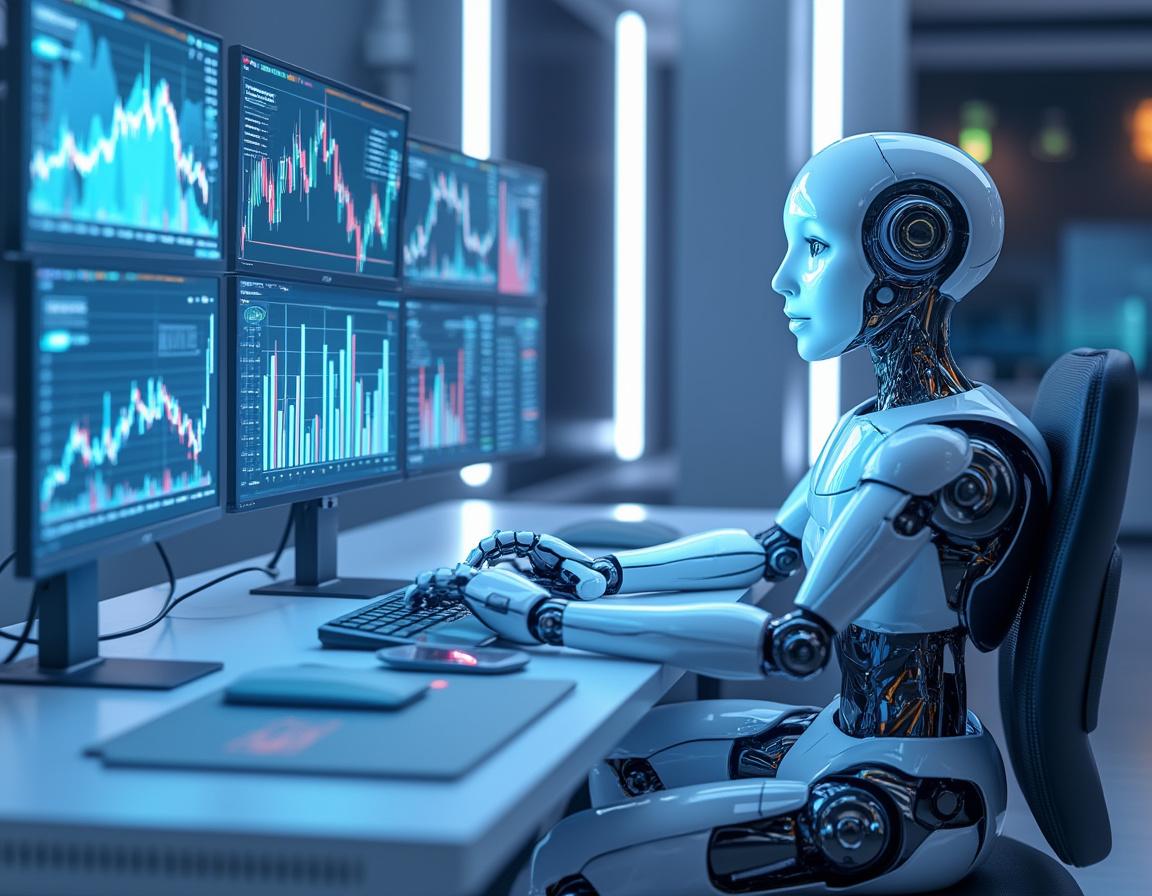 A hyper-realistic AI trading bot analyzes market data at a futuristic workstation with multiple screens displaying charts.