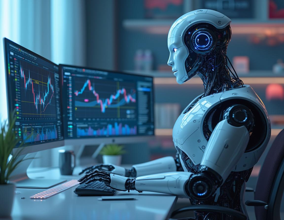 A humanoid AI trading bot analyzes market data at a high-tech workstation with multiple screens displaying charts.