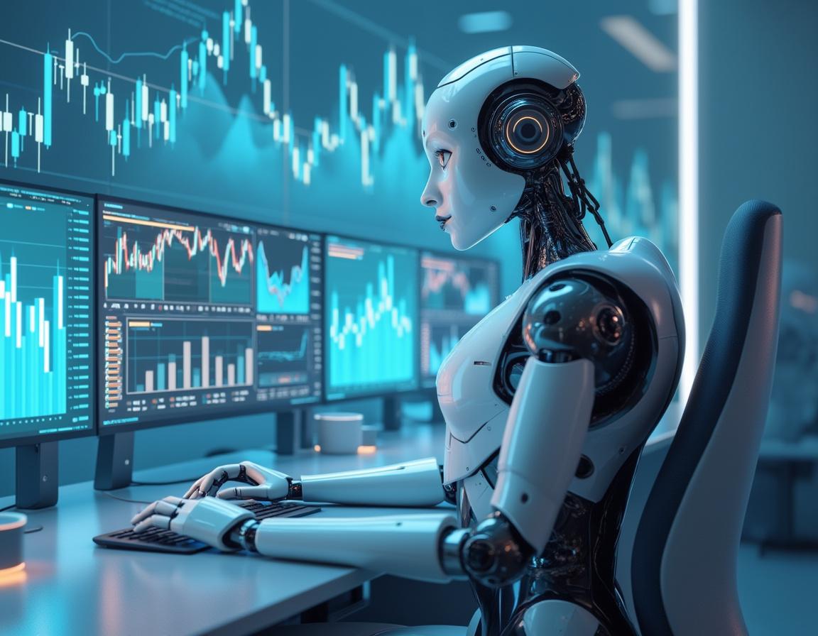 A sleek AI trading bot analyzes market data at a high-tech workstation with glowing screens.