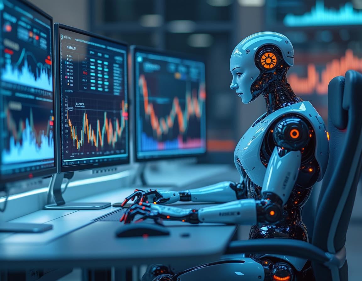 A humanoid AI trading bot analyzes market data at a sleek workstation with multiple trading screens.