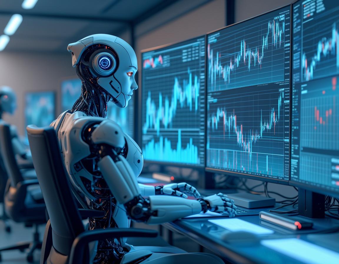 A hyper-realistic AI trading bot at a workstation, analyzing market data across multiple screens.