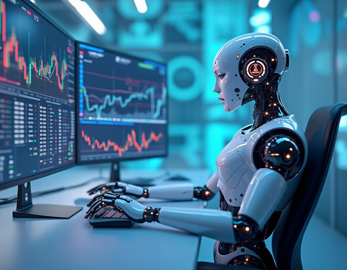 A hyper-realistic AI trading bot at a high-tech workstation analyzing crypto and stock market data.