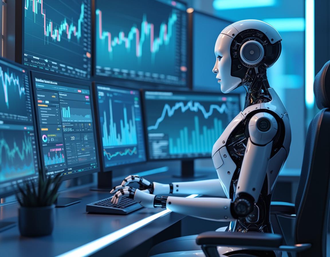 A humanoid AI trading bot at a workstation, analyzing market data on multiple high-tech screens.