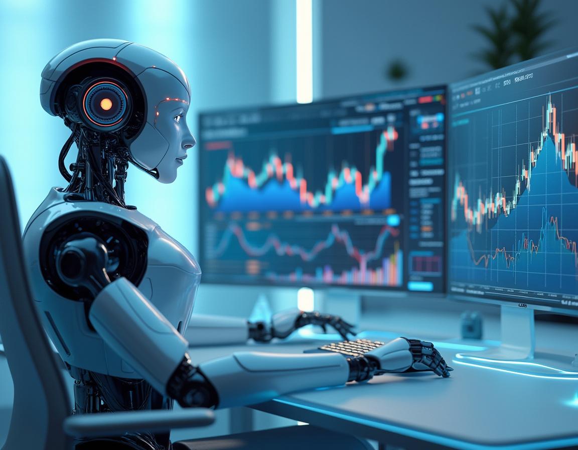A humanoid AI trading bot analyzes market data at a high-tech workstation with multiple screens.